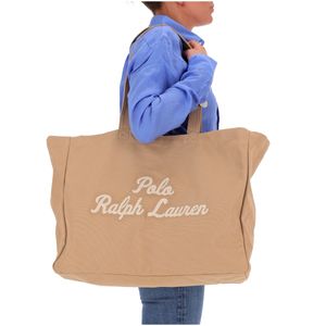 Borsa tote beige in tela con logo