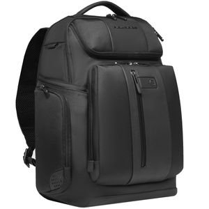 Laptop backpack in leather and recycled nylon