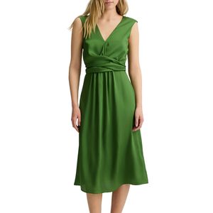 Twill V-Neck Dress with Belt