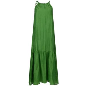 Long green dress with round neckline