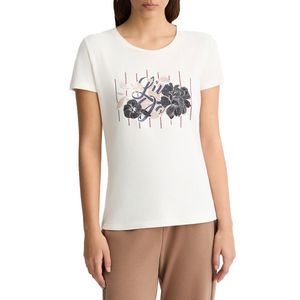 White T-shirt with floral logo and rhinestones