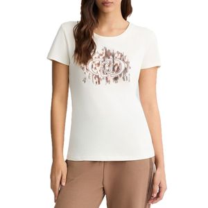 White T-shirt with floral logo and rhinestones