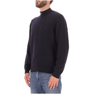 Maglione blu full zip in cotone con logo ricamato
