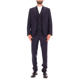 Single breasted suit with blue waistcoat