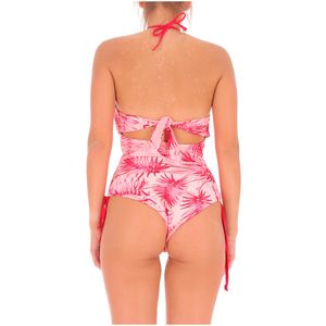Pink one-piece swimsuit with palm print