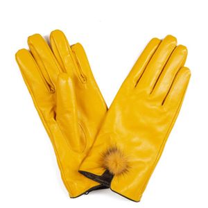 Leather gloves with pompoms
