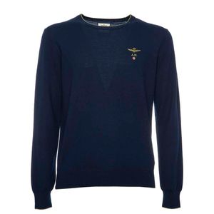 Navy blue crewneck sweater with embroidered logo