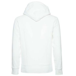 White sweatshirt with tie and hood logo