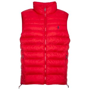 Red padded vest with navy blue pony