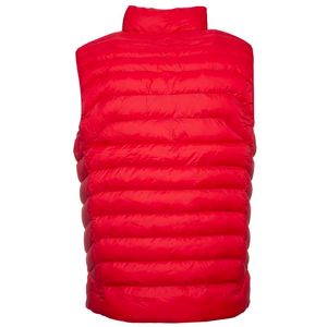 Red padded vest with navy blue pony