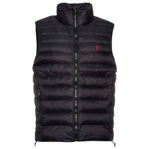 Black padded vest with red pony