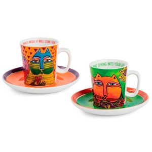 Laurel Burch Green / Orange Coffee Cups Set