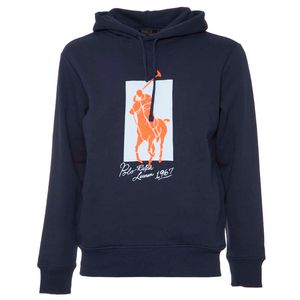 Navy blue sweatshirt with hood and pony box