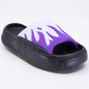 Nyu Slide black slippers with purple flames on a light blue background
