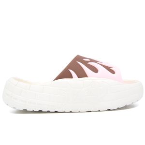 Nyu Slide beige slippers with pink flames on a brown background