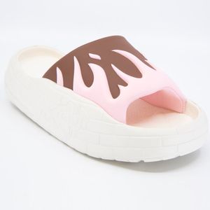 Nyu Slide beige slippers with pink flames on a brown background