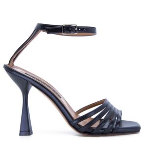 Black leather sandal with hourglass heel