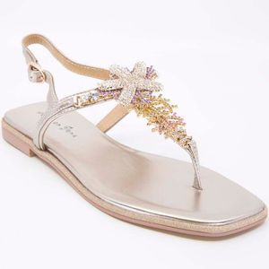 Golden leather sandal with rhinestones