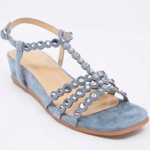 Light blue suede sandal with color matched rhinestones