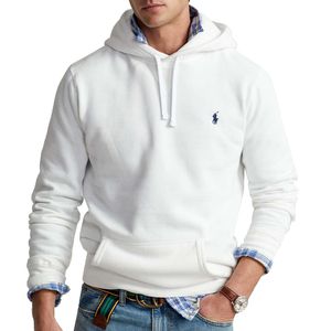 White sweatshirt with hood and blue pony