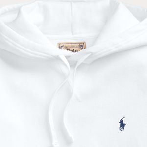 White sweatshirt with hood and blue pony