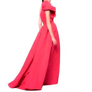 Long red taffeta dress with bow