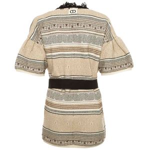 Cardigan jacquard beige con frange e cintura nera