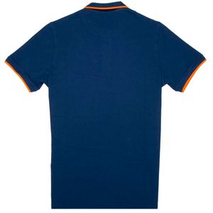 Blue polo shirt with fluo orange logo