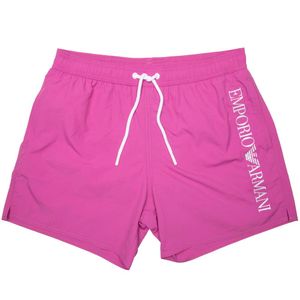 Solid color swim trunks with vertical logo