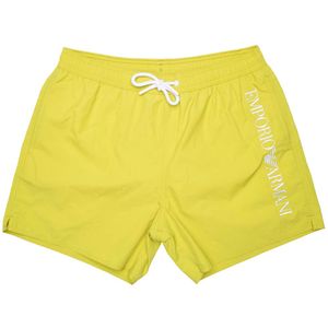 Solid color swim trunks with vertical logo