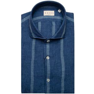 Blue linen shirt with light blue stripes