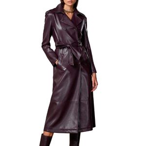 Purple faux leather trench coat with belt