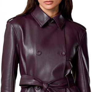 Purple faux leather trench coat with belt