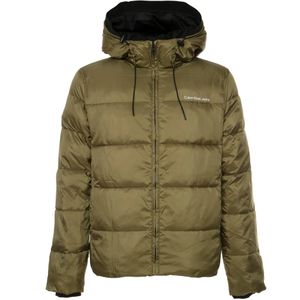 Down jacket in recycled fabric and hood